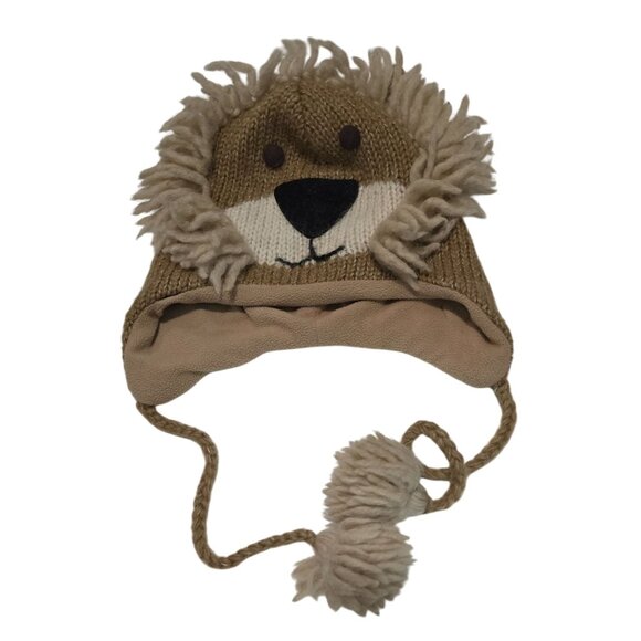 Lion-Themed Knit Winter Hat Ear Flaps & Pom-Poms By DeLux  80% Wool & 20% Nylon - Picture 2 of 7